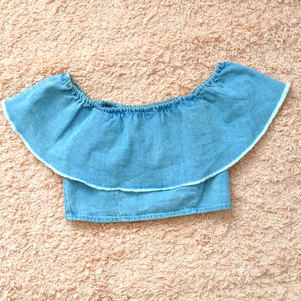 American Eagle Blue Off the Shoulder Ribbed Crop Top Size S